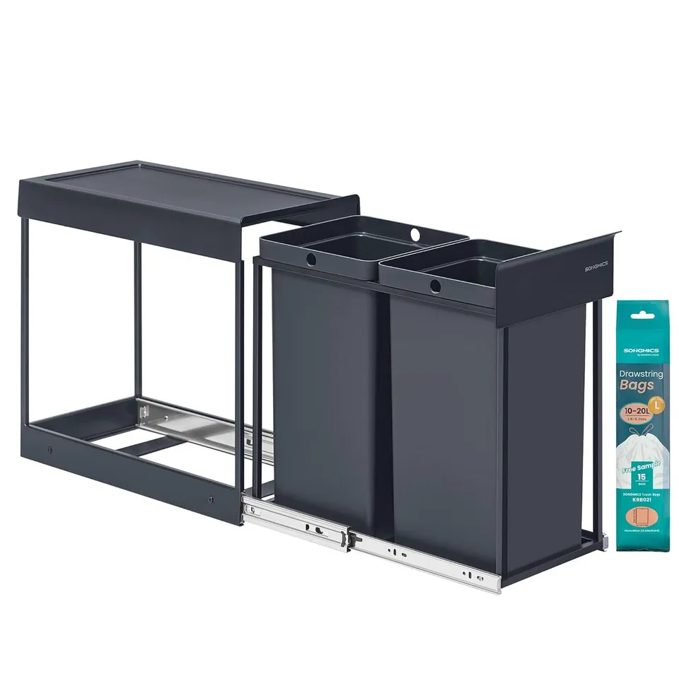 BOXED SONGMICS KITCHEN BIN FOR RECYCLING AND WASTE, BUILT-IN RUBBISH BIN FOR CABINET, 2 X 4 GALLON (15 L) DOUBLE COMPARTMENTS, SMOOTH PULL-OUT DESIGN, STEEL FRAME, ABS LID, GREY