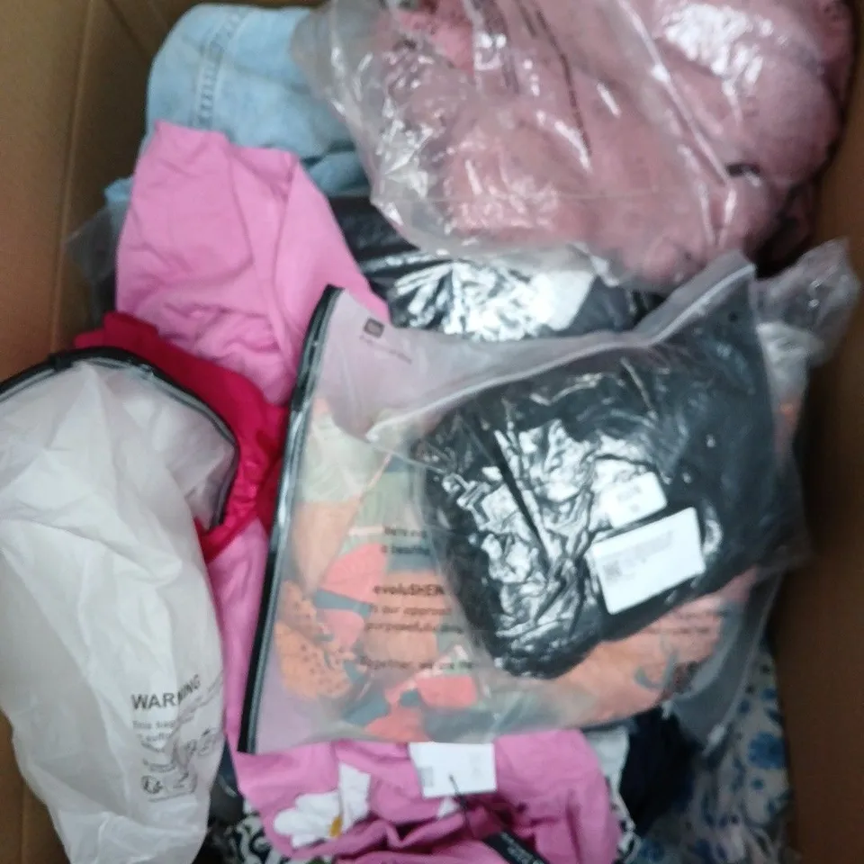 APPROXIMATELY 20 ASSORTED CLOTHING PRODUCTS IN VARIOUS STYLES & SIZES TO INCLUDE PANTS, T-SHIRTS, DRESSES ETC