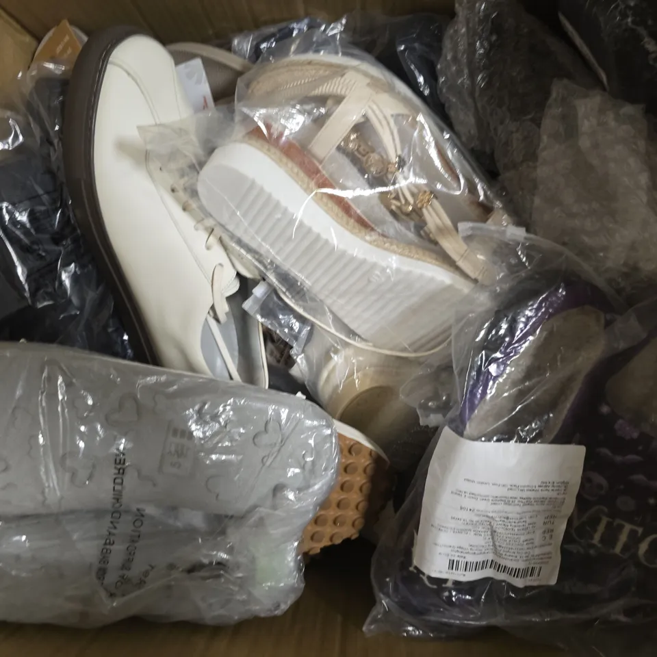 BOX OF APPROXIMATELY 15 ASSORTED PAIRS OF SHOES AND FOOTWEAR ITEMS IN VARIOUS COLOURS, STYLES, AND SIZES - COLLECTION ONLY