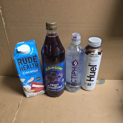 APPROXIMATELY 10 ASSORTED DRINKS TO INCLUDE HUEL CHOCOLATE, ROBINSONS FRUIT CREATIONS, RUDE HEALTH COCONUT, ETC - COLLECTION ONLY