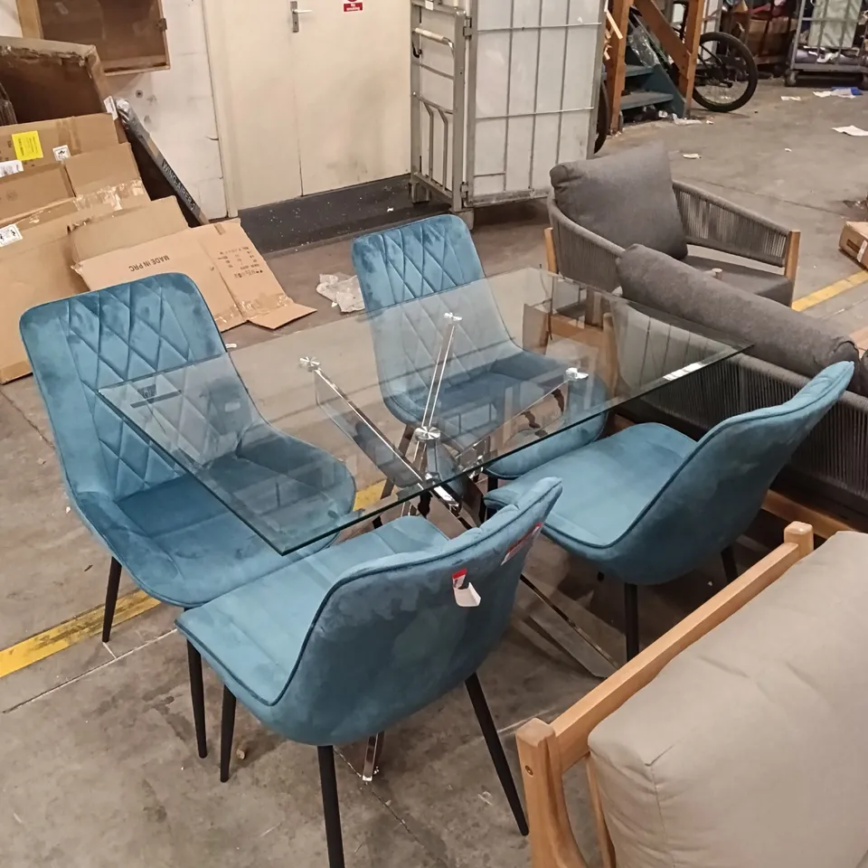 GLASS DINING TABLE WITH SET OF 4 DINING CHAIRS - BLUE/BLACK