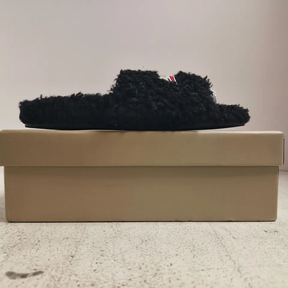 BOXED PAIR OF BALENCIAGA FLEECE SLIPPERS IN BLACK SIZE EU 41
