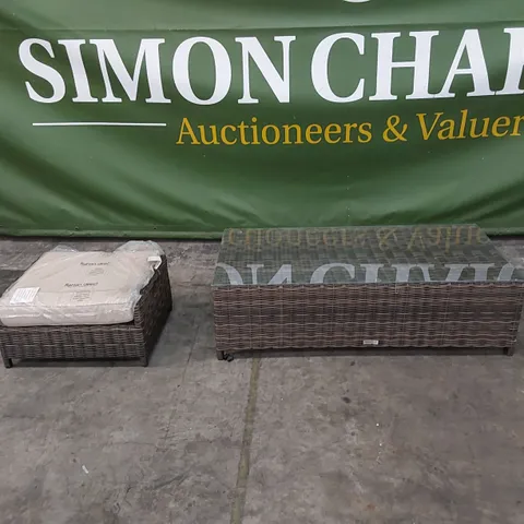 DESIGNER RATTAN COFFEE TABLE WITH GLASS'S TOP AND FOOTSTOOL