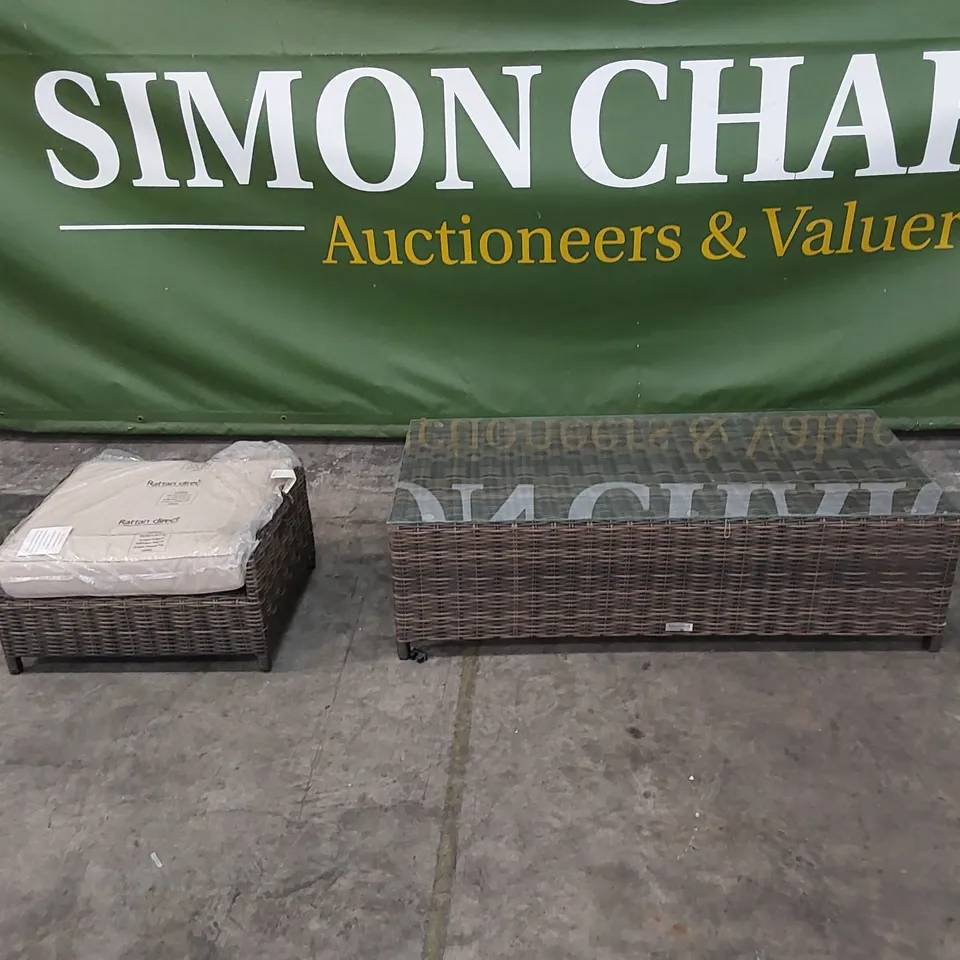 DESIGNER RATTAN COFFEE TABLE WITH GLASS'S TOP AND FOOTSTOOL