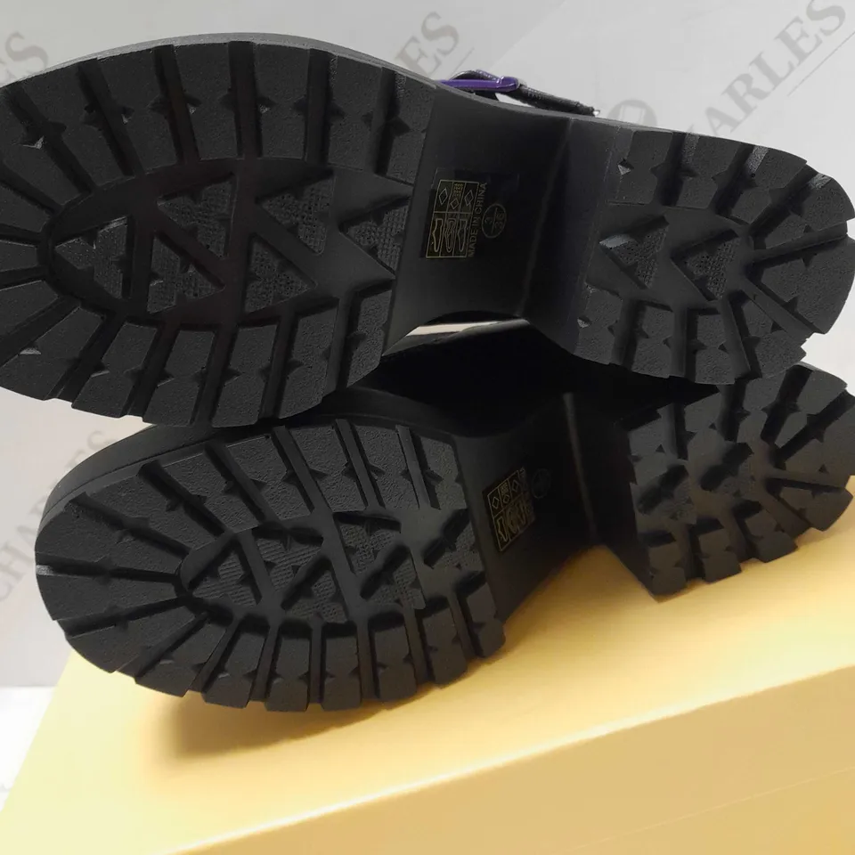 KOI TOZO BLACK PU/PURPLE STITCH MARY JANES SHOES - SIZE 3