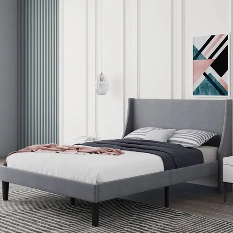 BOXED MEI UPHOLSTERED BED FRAME - DOUBLE, GREY (1 BOX)