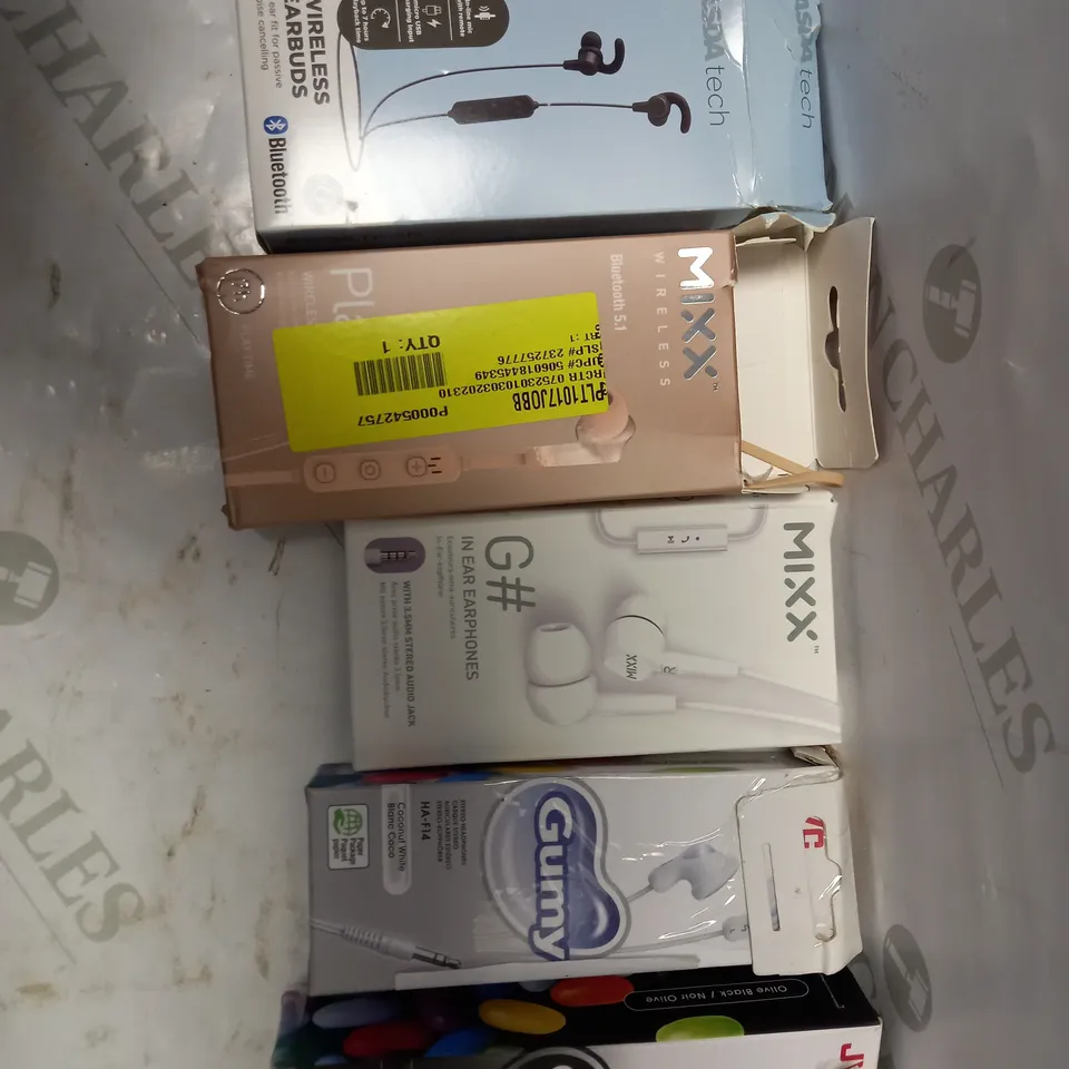 LOT PF FIVE TO INCLUDE MIXX WIRELESS EARPHONES , ASDA WIRELESS EARBUDS , ETC
