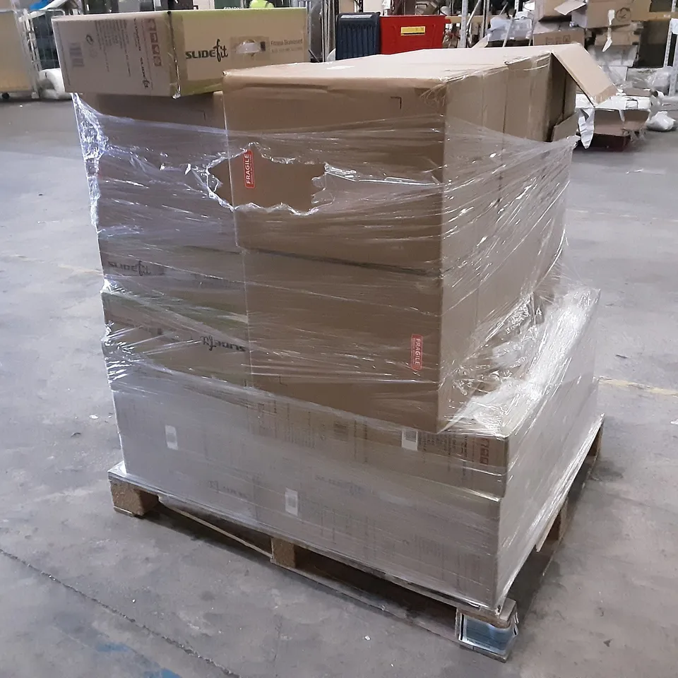 PALLET OF 8 BOXES OF KELLY HOPPEN TABLE LAMPS & 26 BOXES OF SLIDEFIT FITNESS SKATEBOARDS