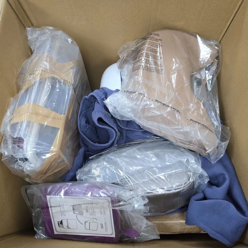 LARGE BOX OF ASSORTED ITEMS TO INCLUDE CLOTHING ITEMS, KITCHEN APPLIANCES....