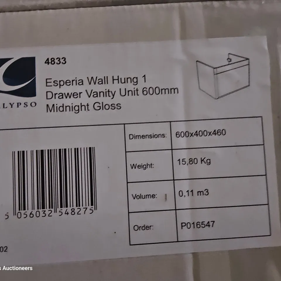 PALLET TO CONTAIN FOUR BOXED ESPERIA WALL HUNG SINGLE DOOR VANITY UNITS 600mm MIDNIGHT GLOSS