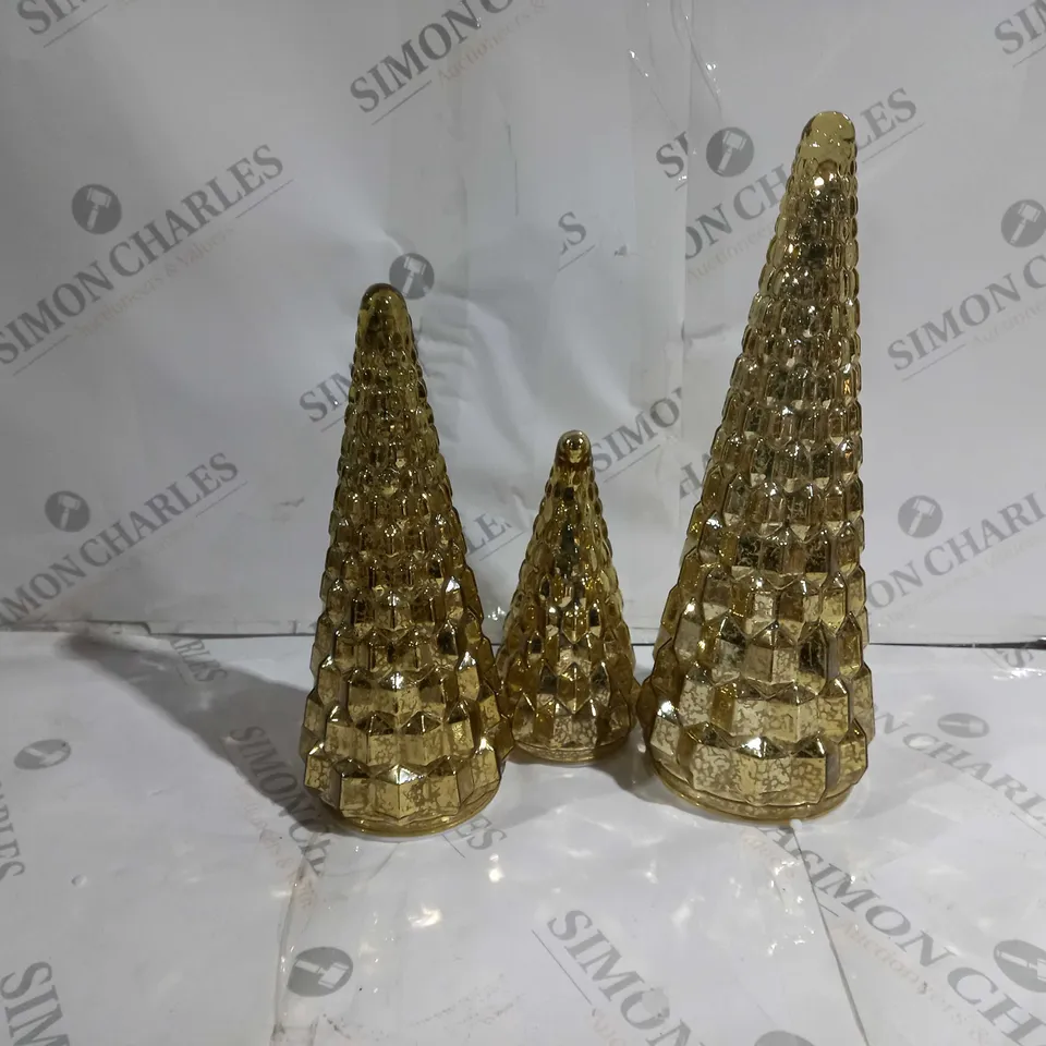 BOXED ALISON CORK SET OF 3 MERCURY GLASS TREES IN ANTIQUE GOLD