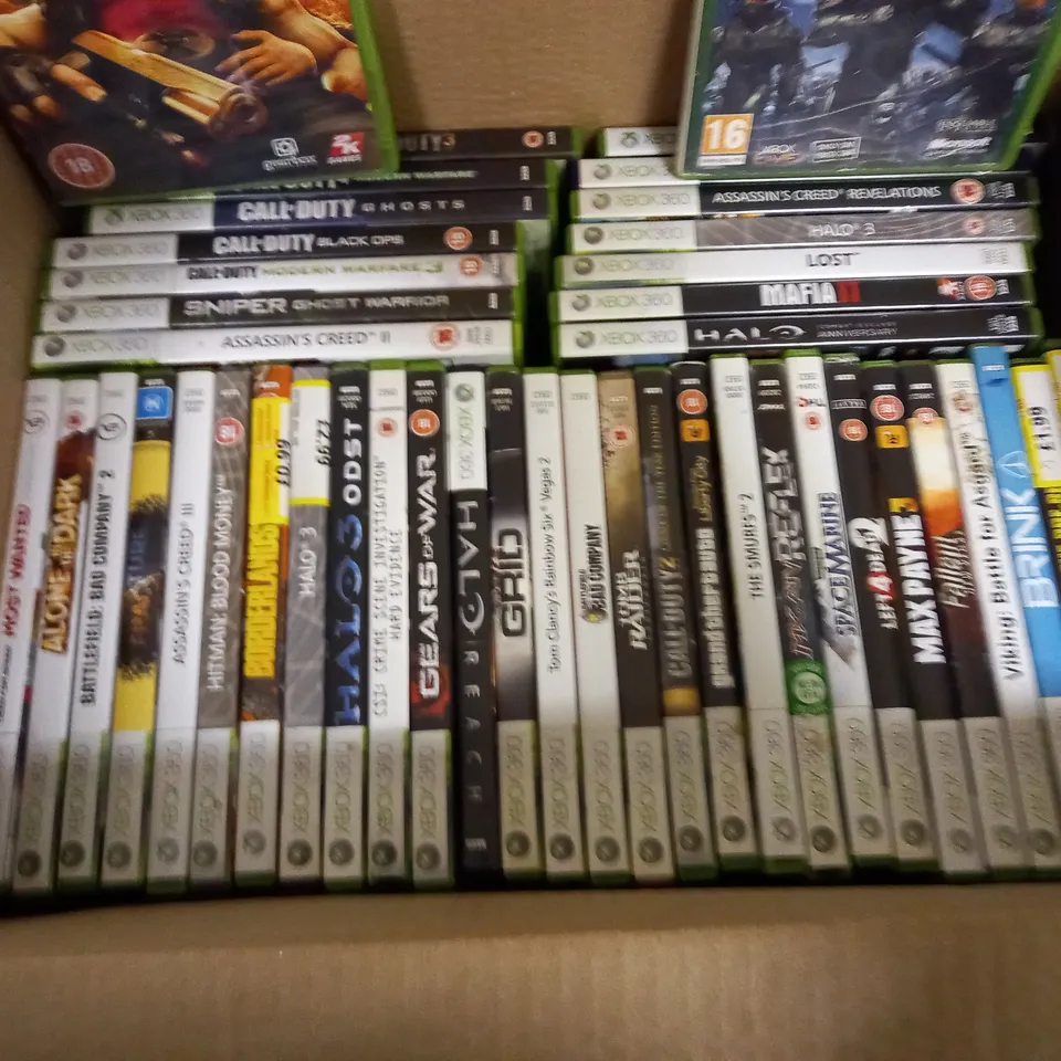 APPROXIMATELY 48 ASSORTED XBOX 360 GAMES TO INCLUDE THE ORANGE BOX, RED DEAD REDEMPTION UNDEAD NIGHTMARE, GRAND THEFT AUTO V, ETC