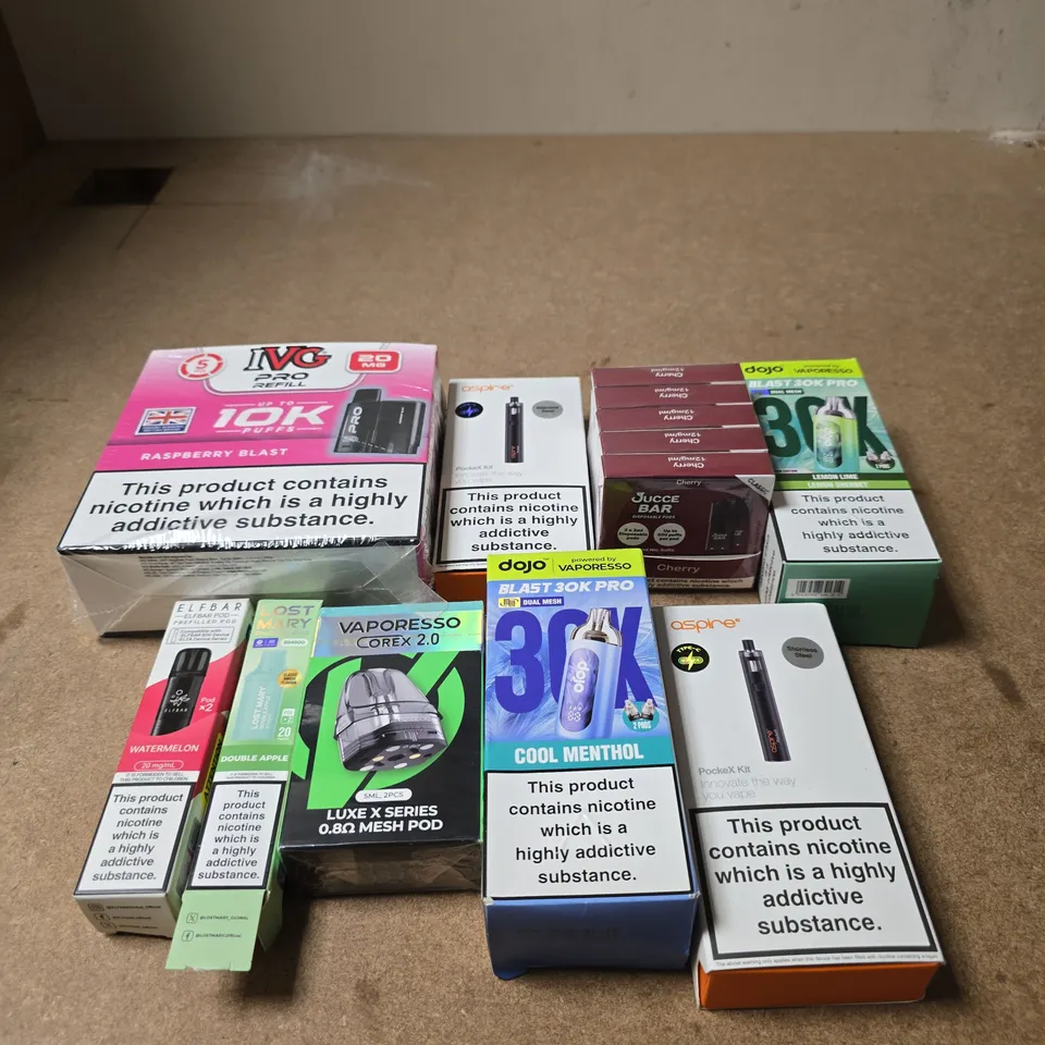 APPROXIMATELY 15 ASSORTED E-CIGARETTE AND VAPE PRODUCTS TO INCLUDE IVG, ELFBAR, DOJO ETC