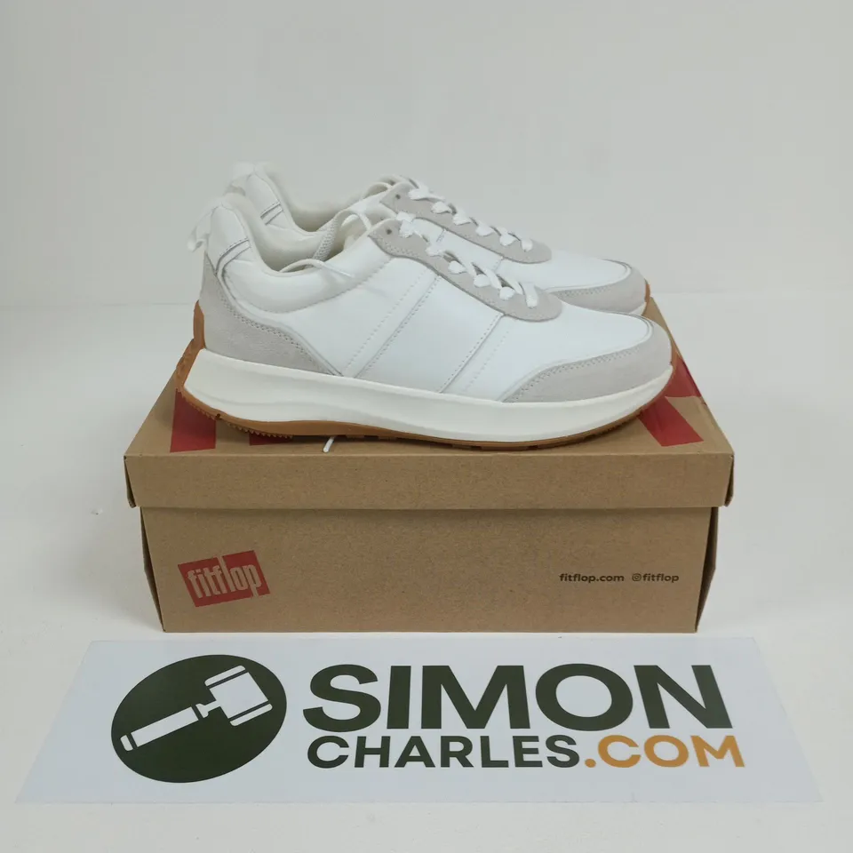 BOXED PAIR OF FITFLOP F-MODE FLOW FABRIC SNEAKERS IN URBAN WHITE MIX - UK 7