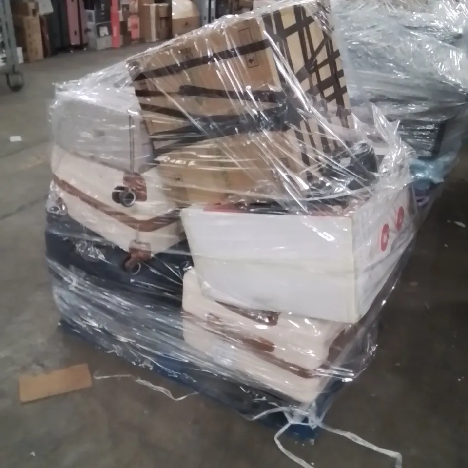 PALLET OF ASSORTED HOUSEHOLD GOODS AND PRODUCTS TO INCLUDE;VACUUM CLEANER,SUITCASES,CHILDREN'S CAR SEAT