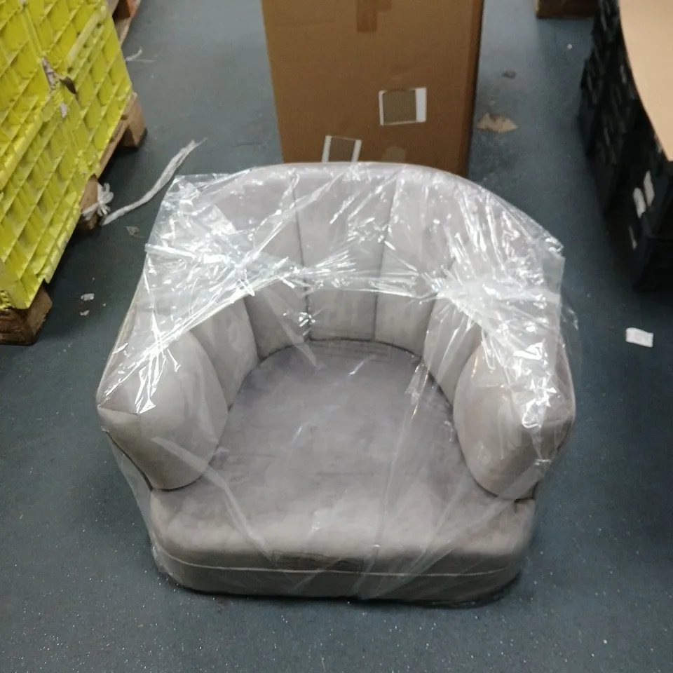 MY HOME STORIES VELVET ARMCHAIR WITH GOLD TIPPED LEGS GREY COLOUR.