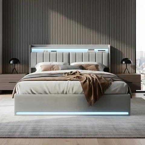BOXED MODERN VELVET OTTOMAN BED WITH SURROUND LED LIGHTS
