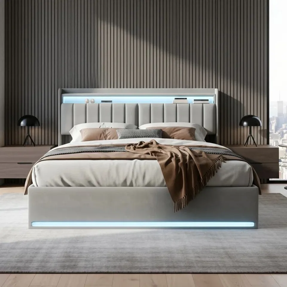 BOXED MODERN VELVET OTTOMAN BED WITH SURROUND LED LIGHTS