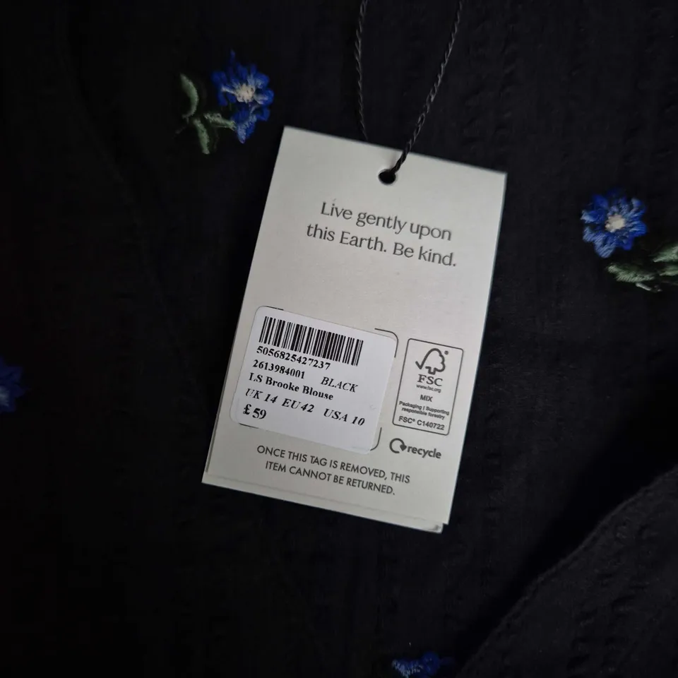 NOBODY'S CHILD BLACK FLORAL EMBROIDERED CARDIGAN, UK 14 (EU 42, USA 10)