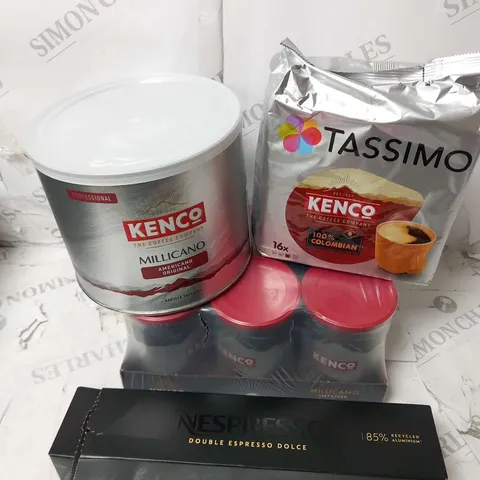 ASSORTED COFFEE PRODUCTS TO INCLUDE; KENCO MILLICANO AMERICANO ORIGINAL BARISTA EDITION 500G, TASSIMO KENCO 16X NESPRESSO DOUBLE ESPRESSO DOLCE AND KENCO MILLICANO 6 X 95G