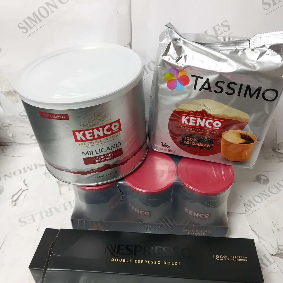 ASSORTED COFFEE PRODUCTS TO INCLUDE; KENCO MILLICANO AMERICANO ORIGINAL BARISTA EDITION 500G,  TASSIMO KENCO 16X NESPRESSO DOUBLE ESPRESSO DOLCE AND KENCO MILLICANO 6 X 95G