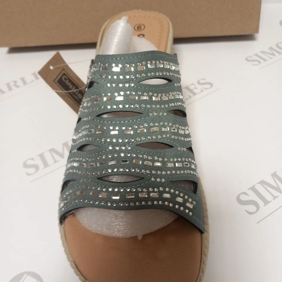 BOXED PAIR OF CUSHION WALK DIAMANTE MULES IN BLUE - SIZE 5