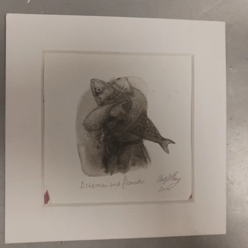 SIGNED AND DATED FISHERMAN AND FLOUNDER PENCIL SKETCH ART PRINT