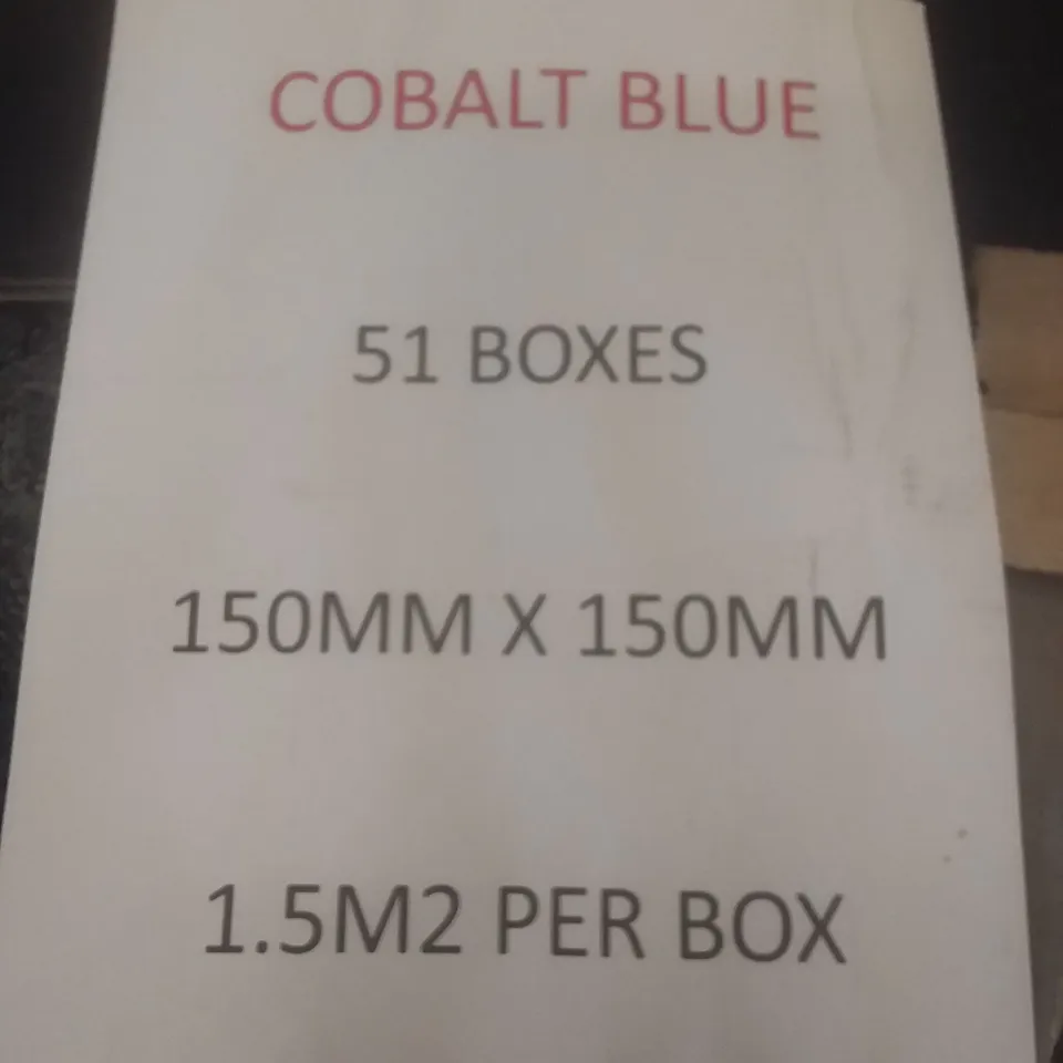 PALLET OF APPROXIMATELY 51 BOXES OF NICBOND PLAIN COLOURS COBALT BLUE TILES 150MM X 150MM APPROXIMATELY 1.5MSQ PER BOX 