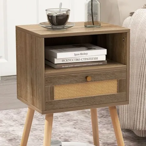 BOXED BEDSIDE TABLE WITH RATTAN DRAWER