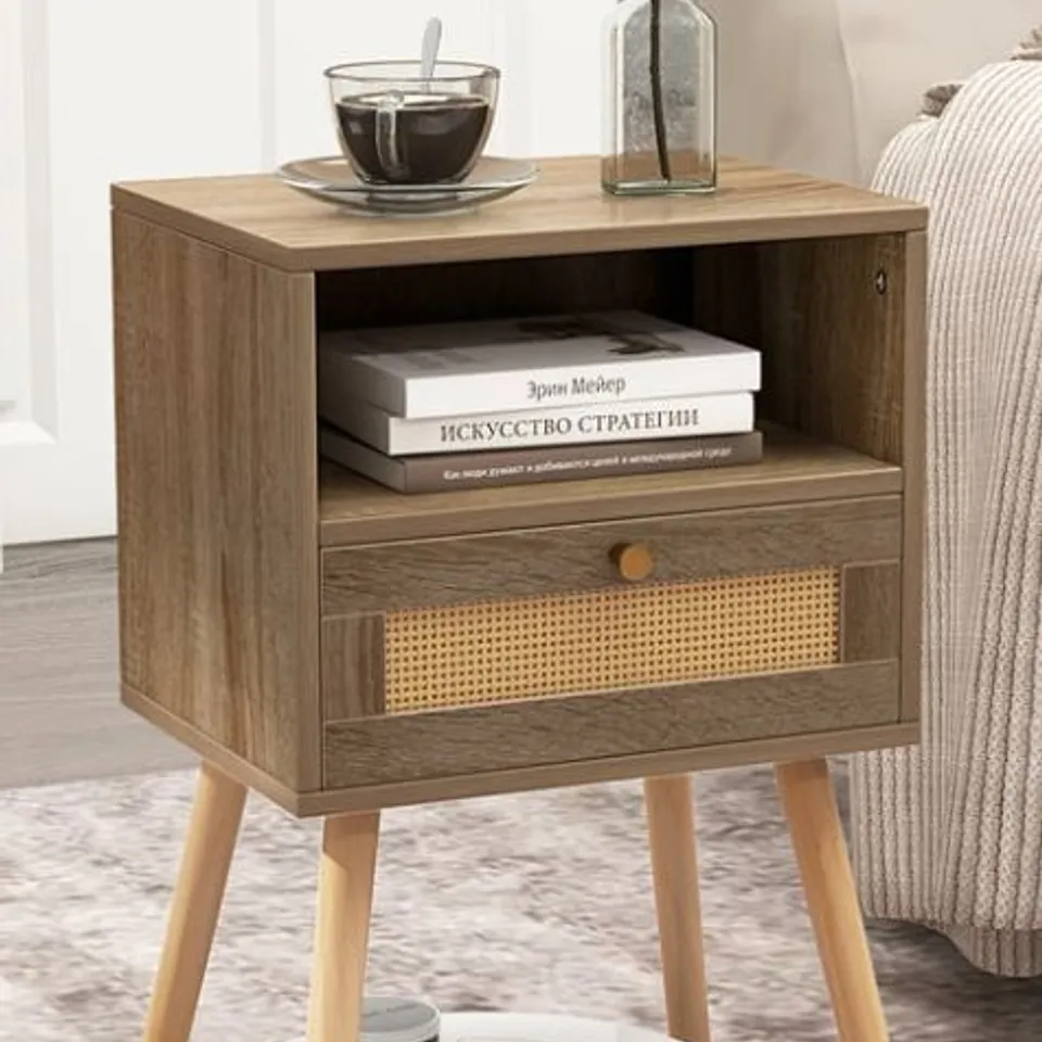 BOXED BEDSIDE TABLE WITH RATTAN DRAWER