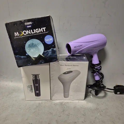 BOX OF APPROXIMATELY 15 ASSORTED ITEMS TO INCLUDE - REVLON HAIR DRYER , CUQOO HOME MOONLIGHT , HAIR REMOVAL DEVICE ETC