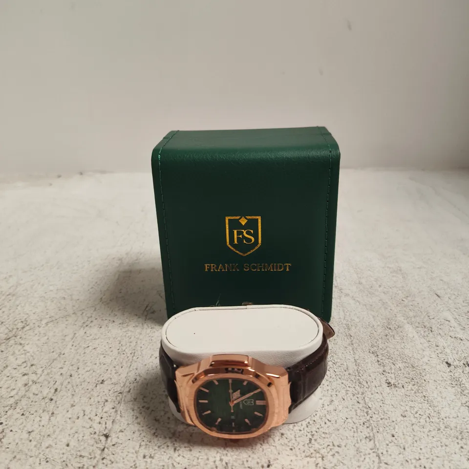FRANK SCHMIDT FS WATCH WITH GREEN DIAL – ROSE GOLD CASE, BROWN LEATHER STRAP – BOXED