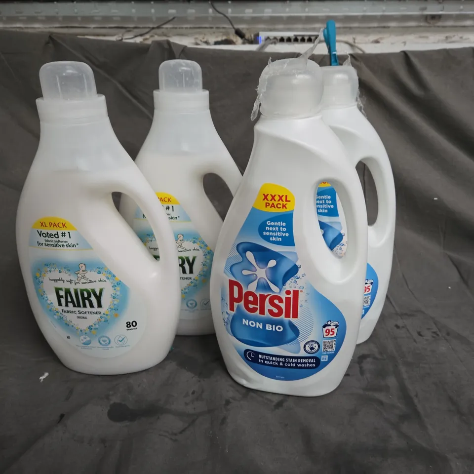 APPROXIMATELY 4 ASSORTED CLEANING PRODUCTS TO INCLUDE - FAIRY FABRIC SOFTENER - PERSIL LAUNDRY DETERGENT - COLLECTION ONLY