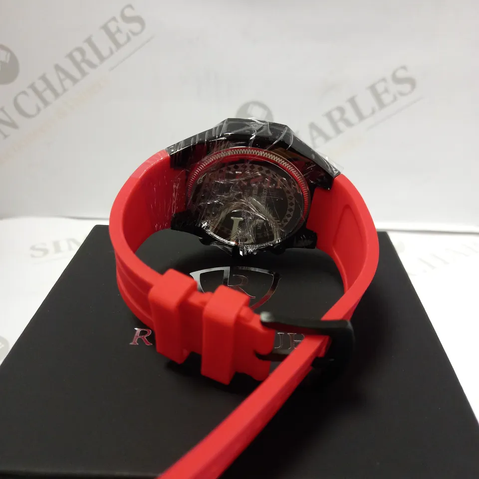 RUCKSTUHL OCTAGONAL CHRONOGRAPH STUD RED RUBBER STRAP WRISTWATCH
