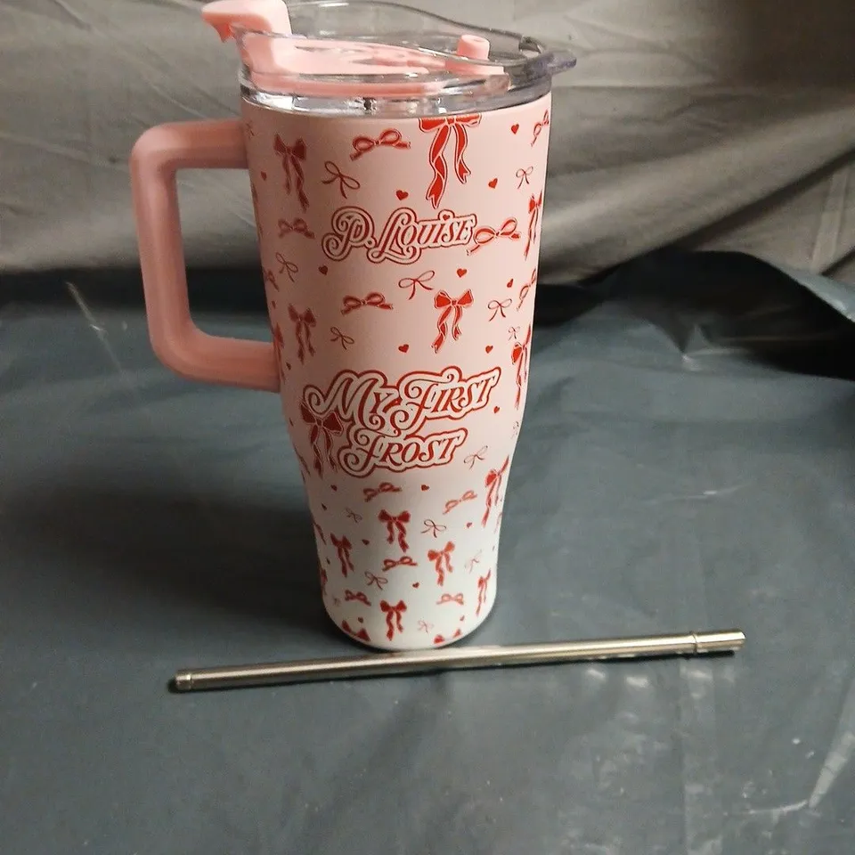 PLOUISE MY FIRST FROST PINK TRAVEL MUG WITH BOWS PATTERN AND LID AND STRAW