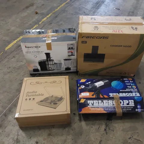 PALLET TO CONTAIN ASSORTED HOUSEHOLD ITEMS AND CONSUMER PRODUCTS. INCLUDING JUICER BLENDER SET, COOKER HOOD, KIDS BIKE, AUDIO TURNTABLES, TELESCOPE ETC