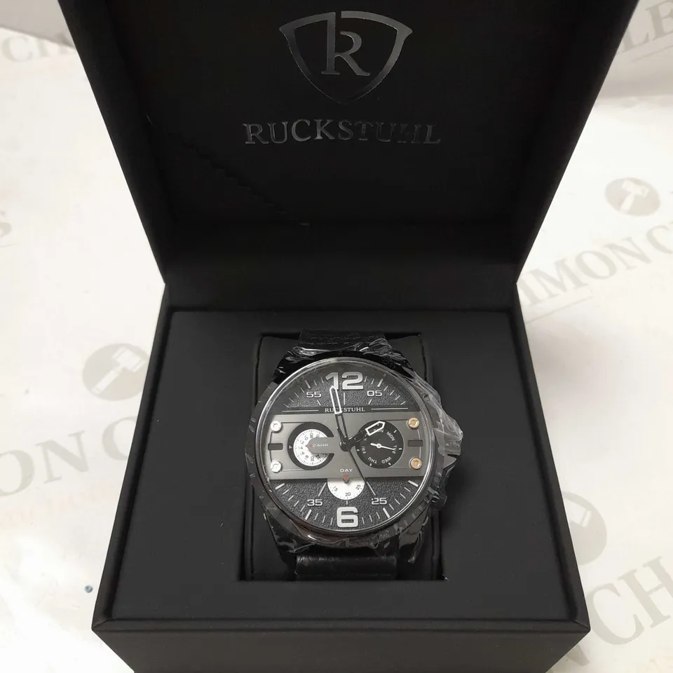 RUCKSTUHL TRIPLE DIAL BLACK LEATHER STRAP WRISTWATCH