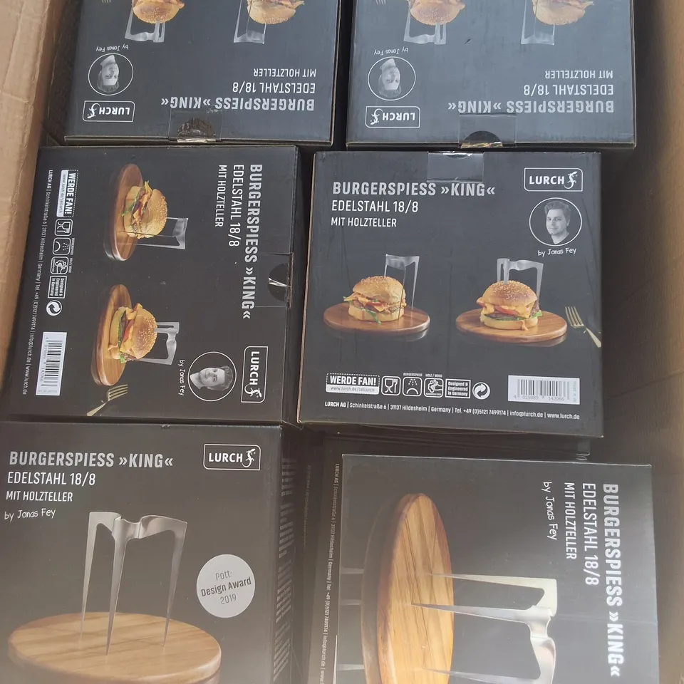24 BOXED LURCH BURGER SKEWERS - KING - STAINLESS STEEL WITH WOODEN PLATE