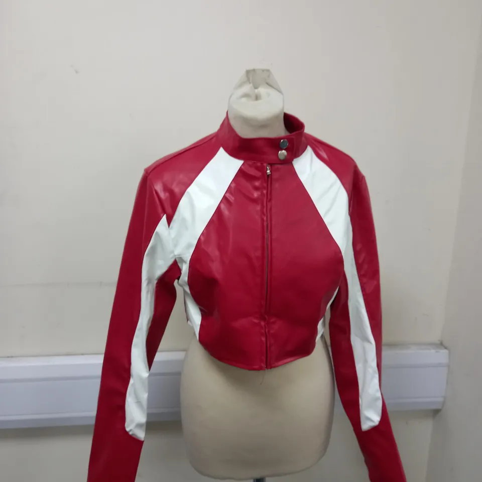 SHAPE RED FAUX LEATHER PANEL CROPPED BIKER JACKET SIZE 12