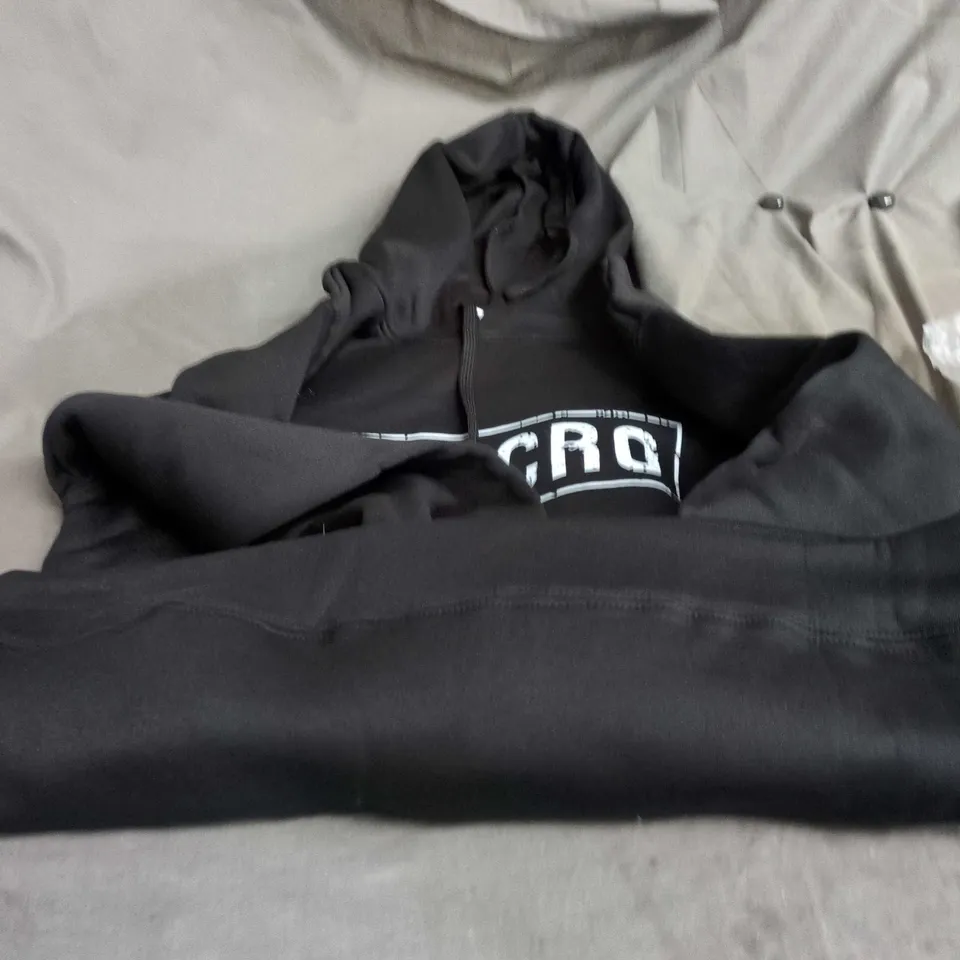 BOX OF APPROXIMATELY 20 ASSORTED CLOTHING ITEMS INCLUDING BROWN CORDS , BLACK HOODIE AND PRINTED T SHIRT