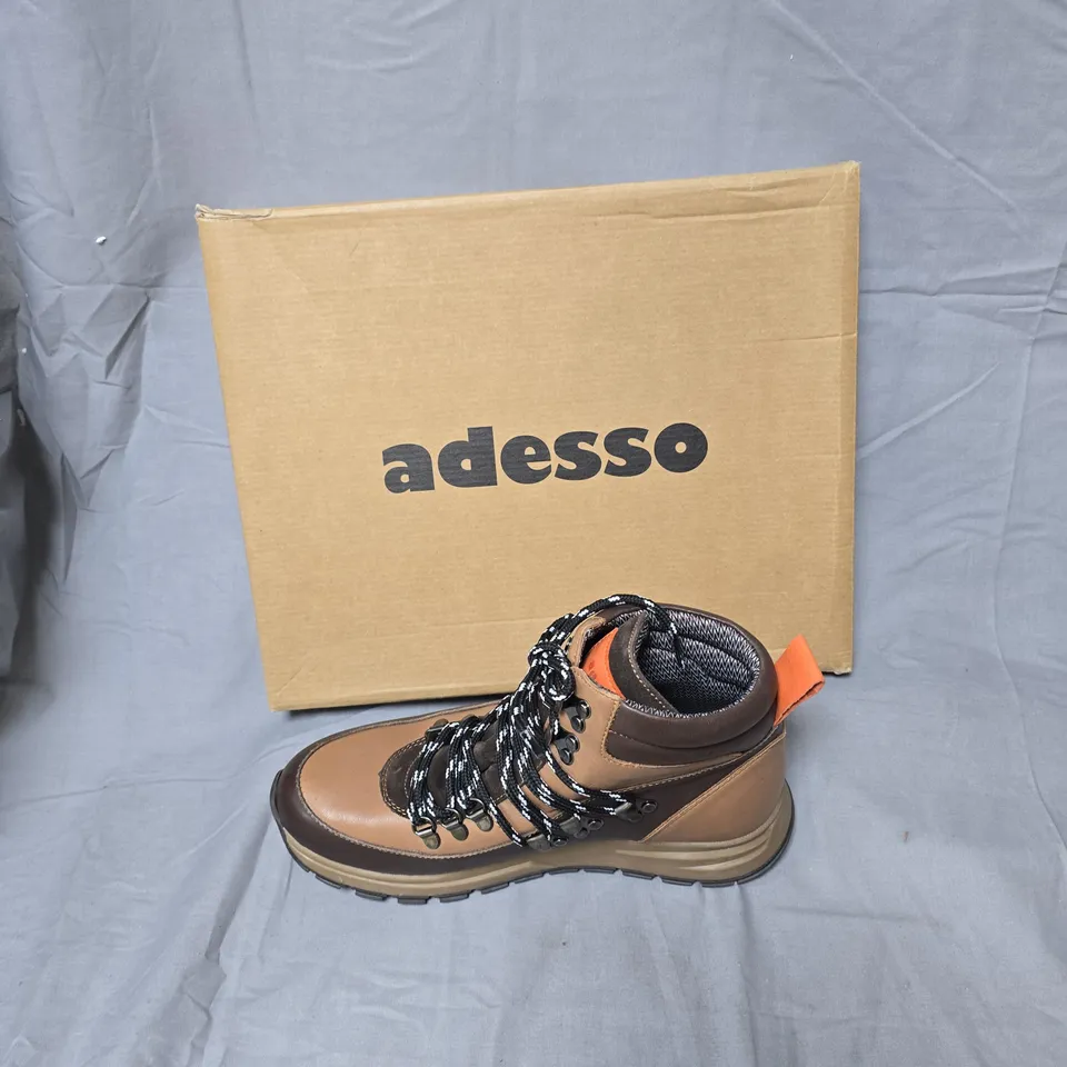 ADESSO HIKING BOOTS, BROWN/TAN LEATHER WITH ORANGE PULL TAB-SIZE EUR 40 