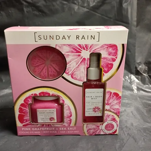 SUNDAY RAIN PINK GRAPEFRUIT + SEA SALT GIFT SET - HAIR & BODY MIST, BODY SCRUB & COOLING EYE MASK