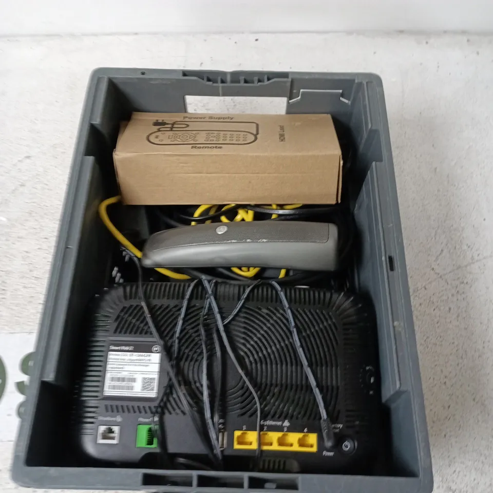 BOX CONTAINING A MIX OF APPROXIMATELY 15 ASSORTED ITEMS INCLUDING TELEPHONE, ROUTERS, CABLES ETC.