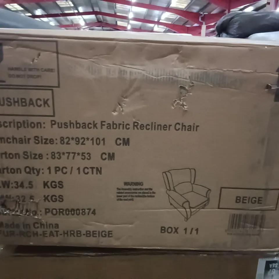 BOXED BEIGE PUSHBACK FABRIC RECLINER CHAIR - 1 OF 1