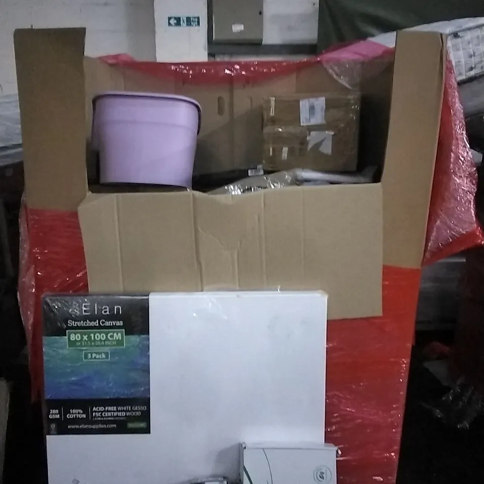 PALLET OF HOUSEHOLD ITEMS TO INCLUDE STRECHED CANVAS, MIXING BOWLS,LED 6W BULBS,STAINLESS STEEL FAUCET AND OTHER ASSORTED ITEMS...