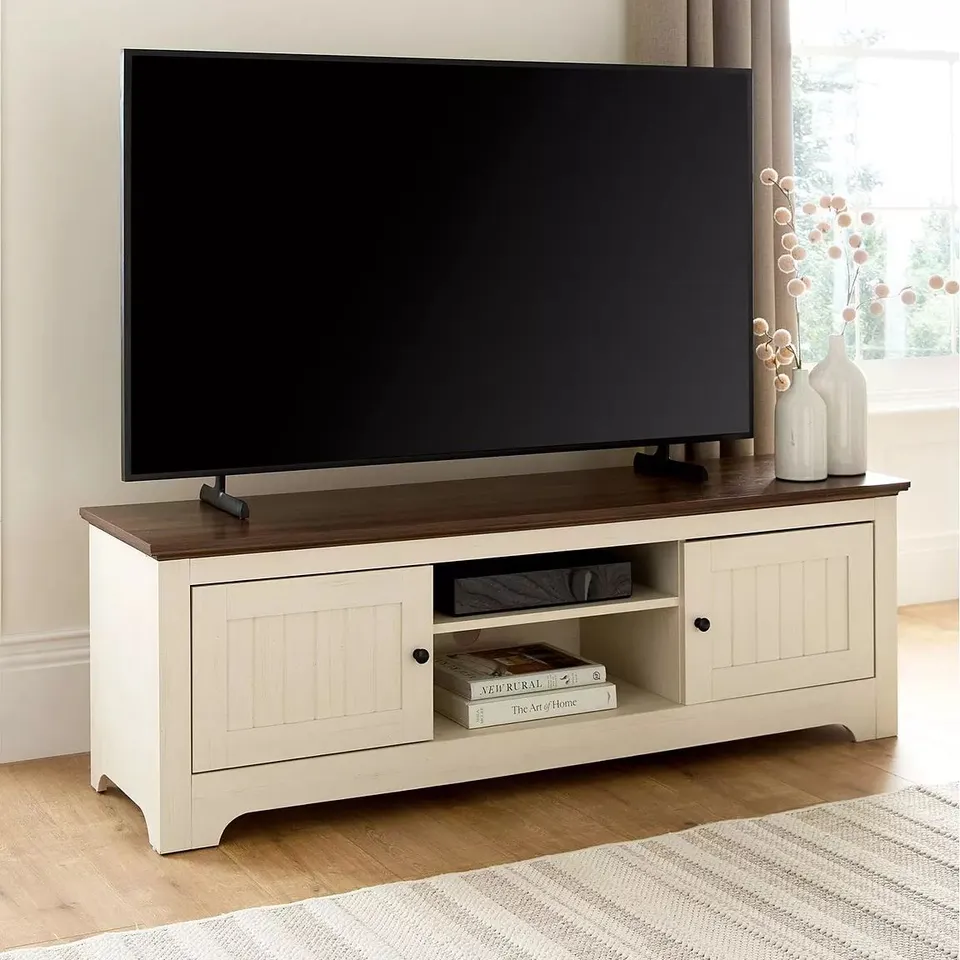 BOXED DEVON TV UNIT - IVORY/WALNUT - FITS UP TO 55 INCH TV (1 BOX) RRP £139