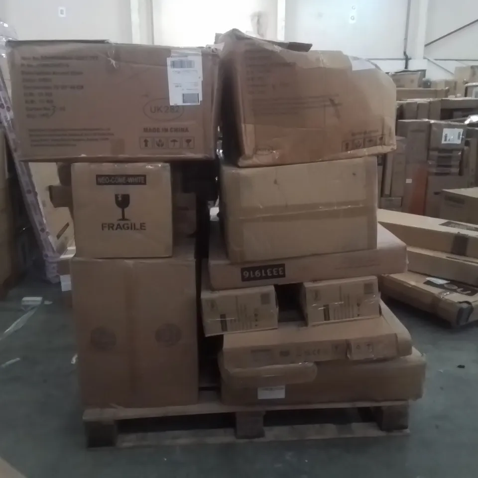 PALLET TO CONTAIN NEO PRODUCTS AND OTHER ASSORTED HOUSEHOLD GOODS TO INCLUDE;ACCENT CHAIR,STOOLS,ICE CONE MAKER,MIRROR,RADIATOR COVER 