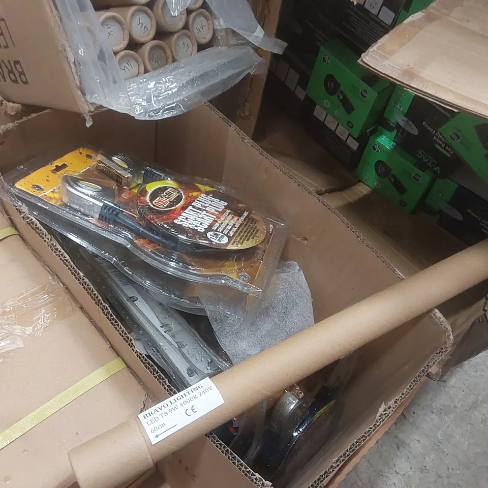 PALLET CONTAINING A VERY LARGE QUANTITY OF ASSORTED ITEMS TO INCLUDE: BRAVO LED LIGHTS, FIRE RATED DOWNLIGHT FITTINGS, SCART PLUGS, RESIDENTIAL HEAT ALARMS ECT