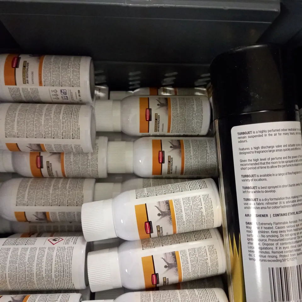BOX OF APPROX 20 ASSORTED AEROSOLS INCLUDING SOVEREIGN AIR SANITISER, RUBBERMAID AIR NEUTRALISER AND LYNX DARK TEMPTATION - COLLECTION ONLY