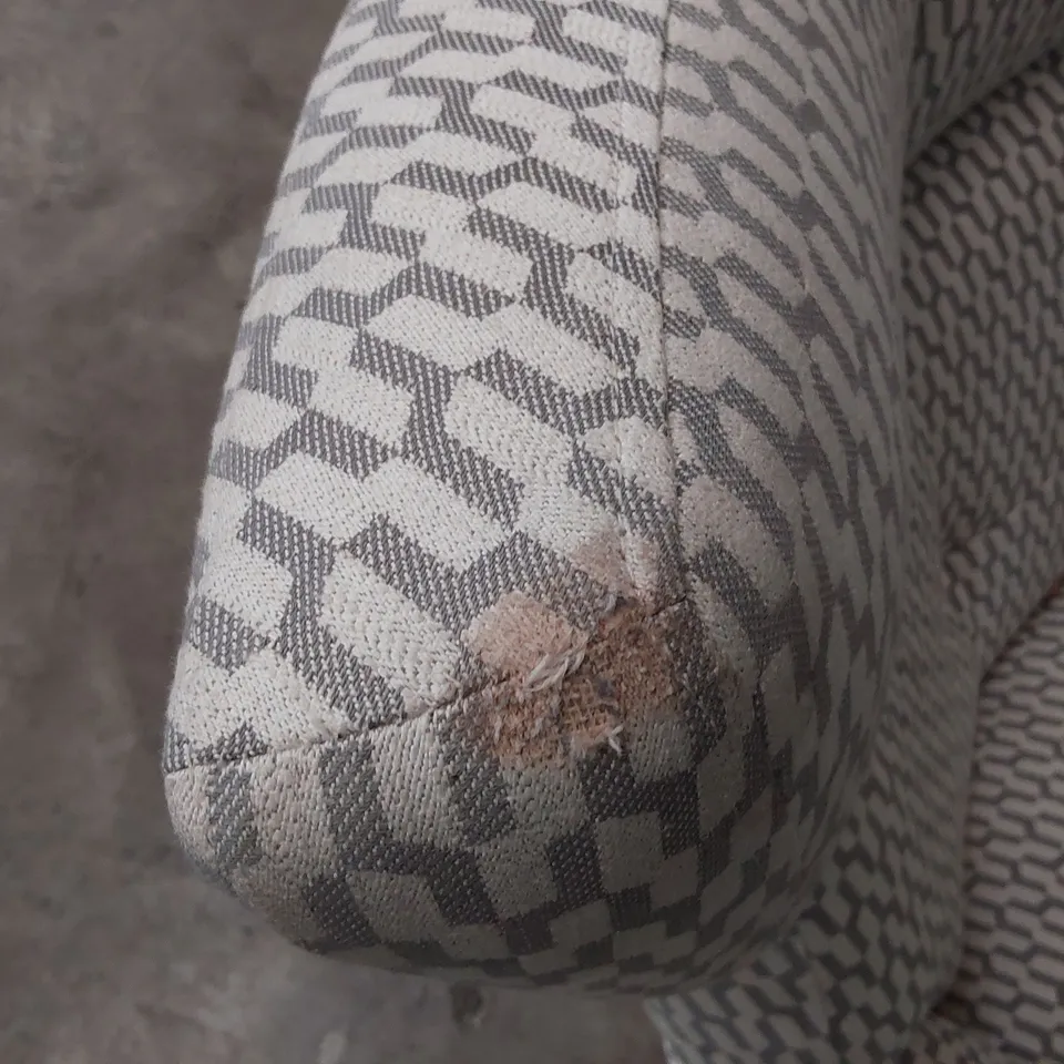 QUALITY BRITISH DESIGNER LOUNGE Co. JACOB UPHOLSTERED SWIVEL CHAIR ON STAR BASE GEOMETRIC GREY/BEIGE FABRIC 